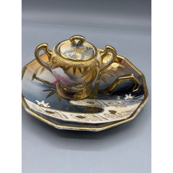 Vtg Hand Painted Japanese Porcelain Sugar Bowl Handled Saucer Set Gold Bamboo - Picture 1 of 8